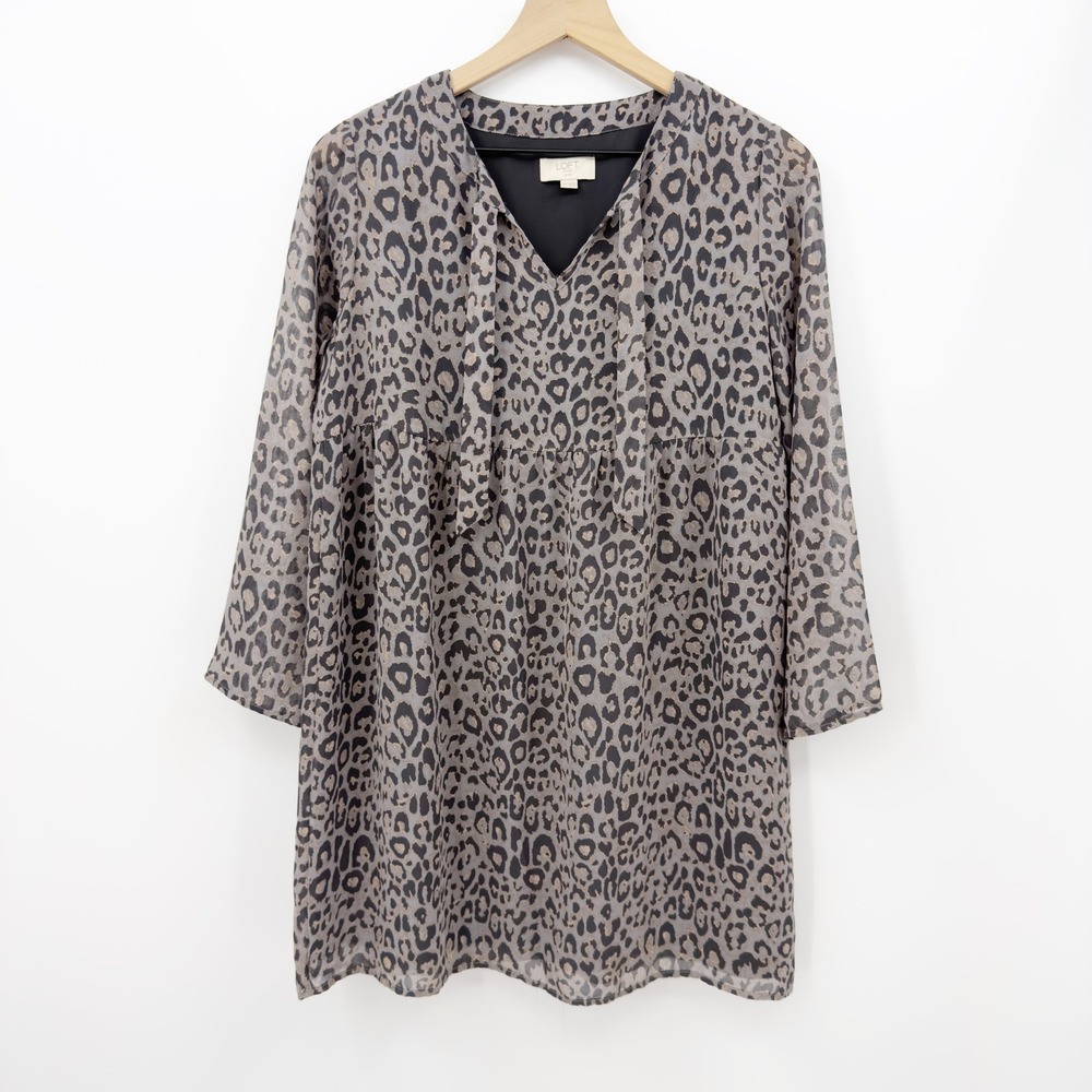 Loft Dress Leopard Print Tie Neck Shift Babydoll Grey SP Office Mob Wife Capsule